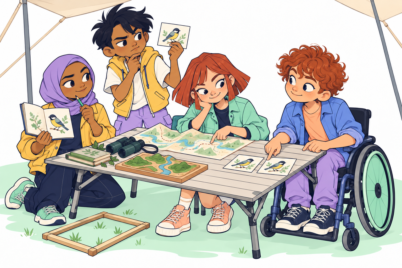 Noor, Rafi, Bea and Jules compare bird reports around a field-station table.