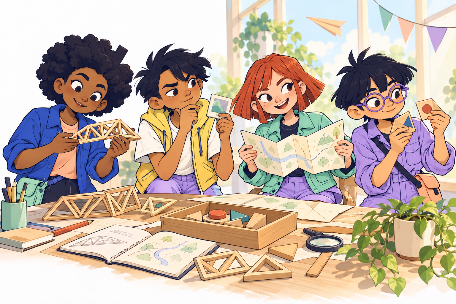 The four Club friends explore a model, a story and patterns at their shared workbench.